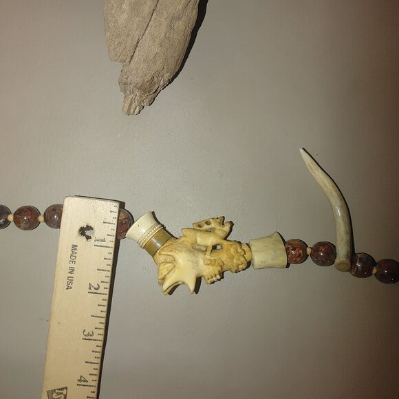 Antique Agate Bead Necklace Carved Antler Pendant Deer Elk Artisan Craft Rustic - Picture 13 of 16